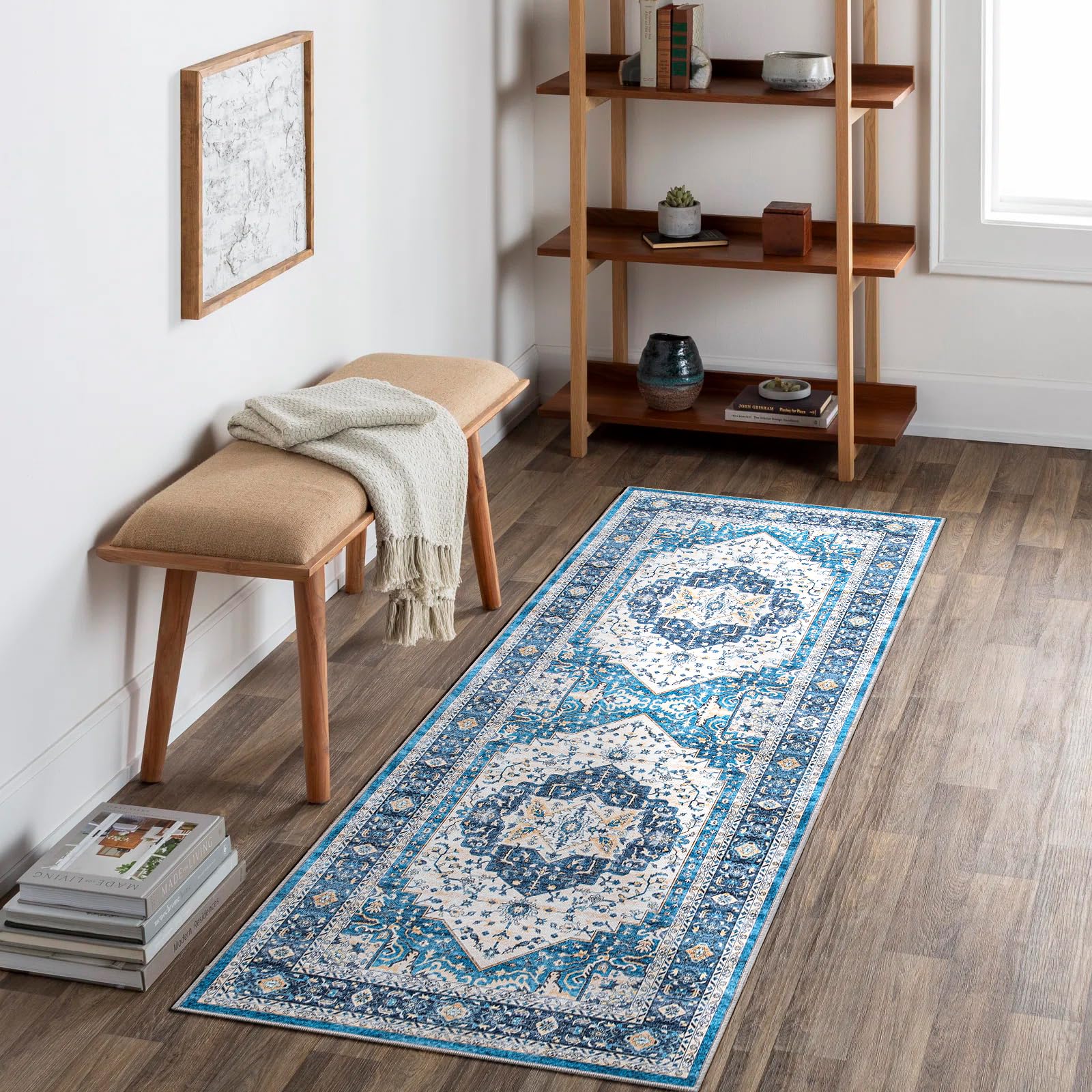 Carvapet Washable Hallway Runner Rug 60x180cm Long Thin Rug Runner Blue Area Rug Vintage Medallion Floor Carpet Rugs for Living Room Corridor Kitchen