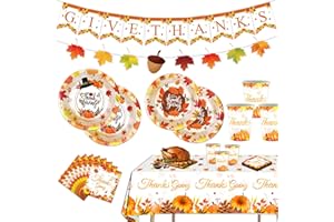 HABDJILTY Thanksgiving Party Decorations Thanksgiving Tableware Set - Thanksgiving Plate Set Including Give Thanks Banner,Plates,Napkins,Cups,Tablecover for Fall Theme