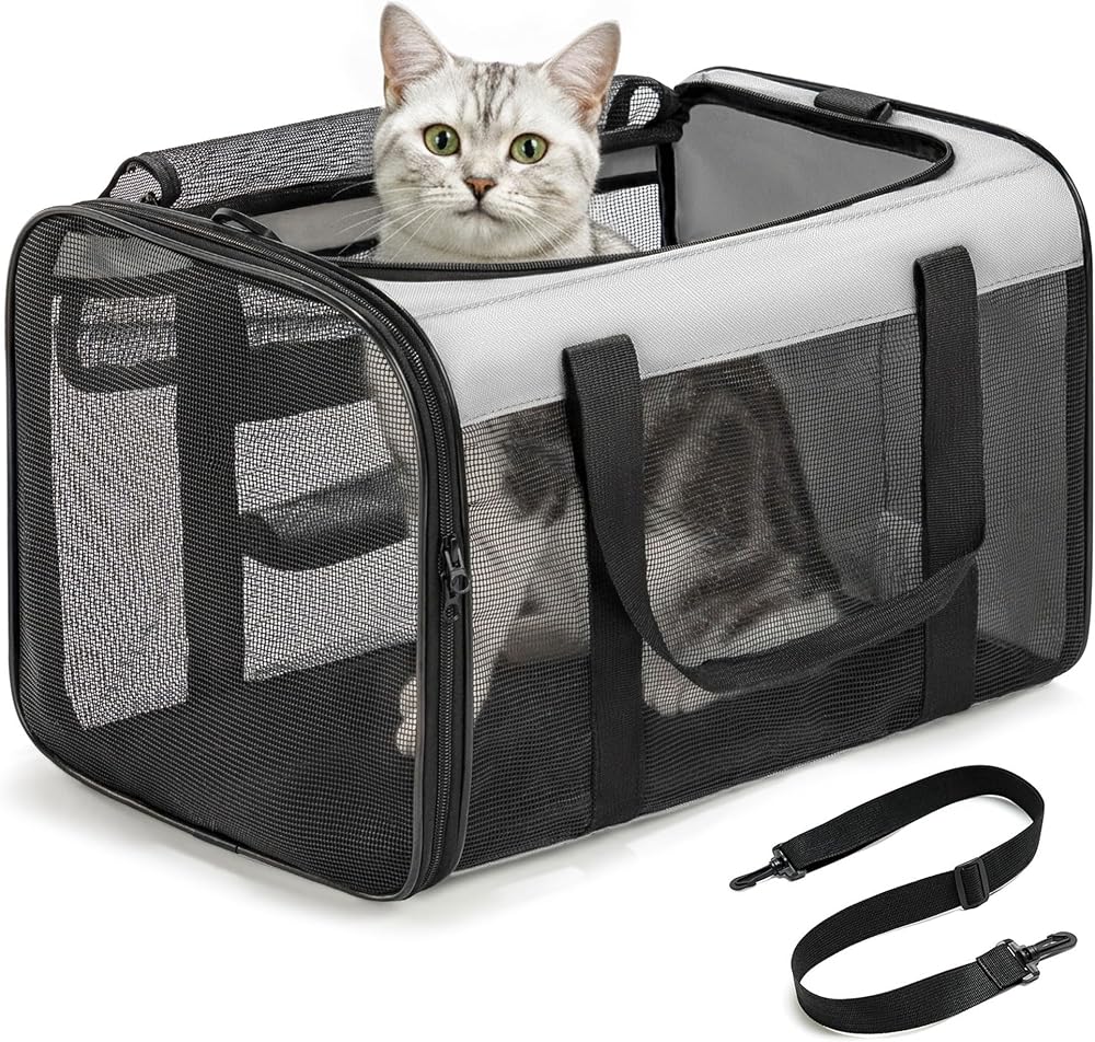 Conlun Cat Carrier Bag Soft-Sided Pet Carrier 4-Sided Mesh Grey M