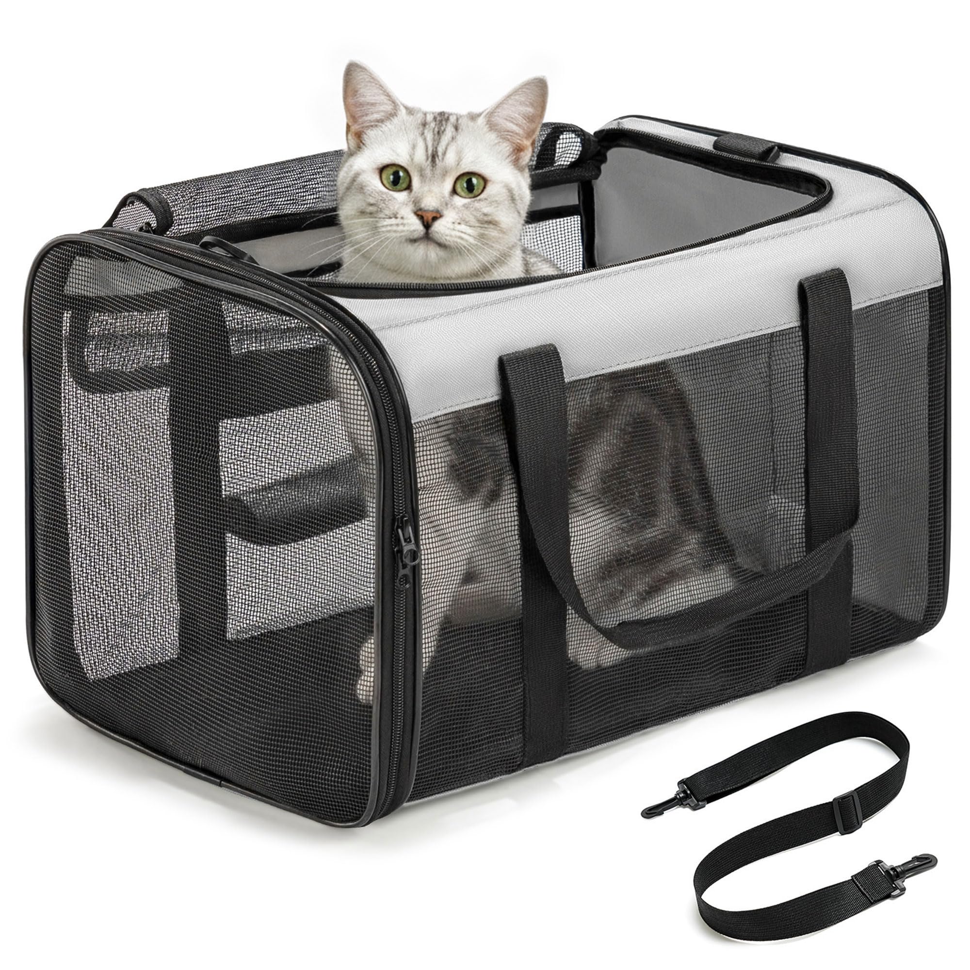 Conlun Cat Carrier Bag,Soft-Sided Pet Carriers for Dogs with 4-Sided Mesh,Airline Approved Cat Transport Carrier for Small&Medium Cats Kitten Puppy Up to 6Kg,Collapsible Cat Travel Carrier-M,Grey