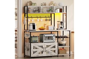 Itaar 47.2 Inch Bakers Rack with Power Outlet, Microwave Stand with Storage, Farmhouse Coffee Bar Cabinet Station with Wine Rack, Iron Mesh and 8-S Hooks, Vintage White