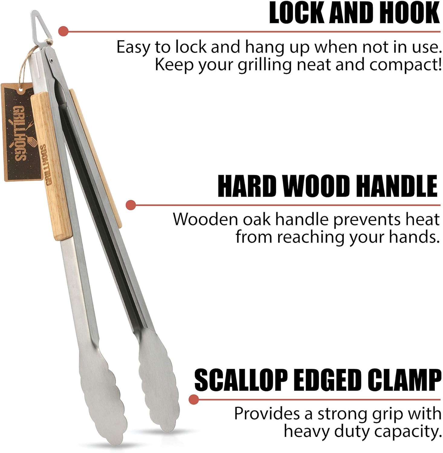 GRILLHOGS Dropkick Your Old Tongs, 16-Inch Barbecue Tongs are The Only Equipment That Can Handle Your Massive Meat, Stainless Steel + Oak Wood BBQ Tongs, Premium Grill Tongs : Garden & Outdoor