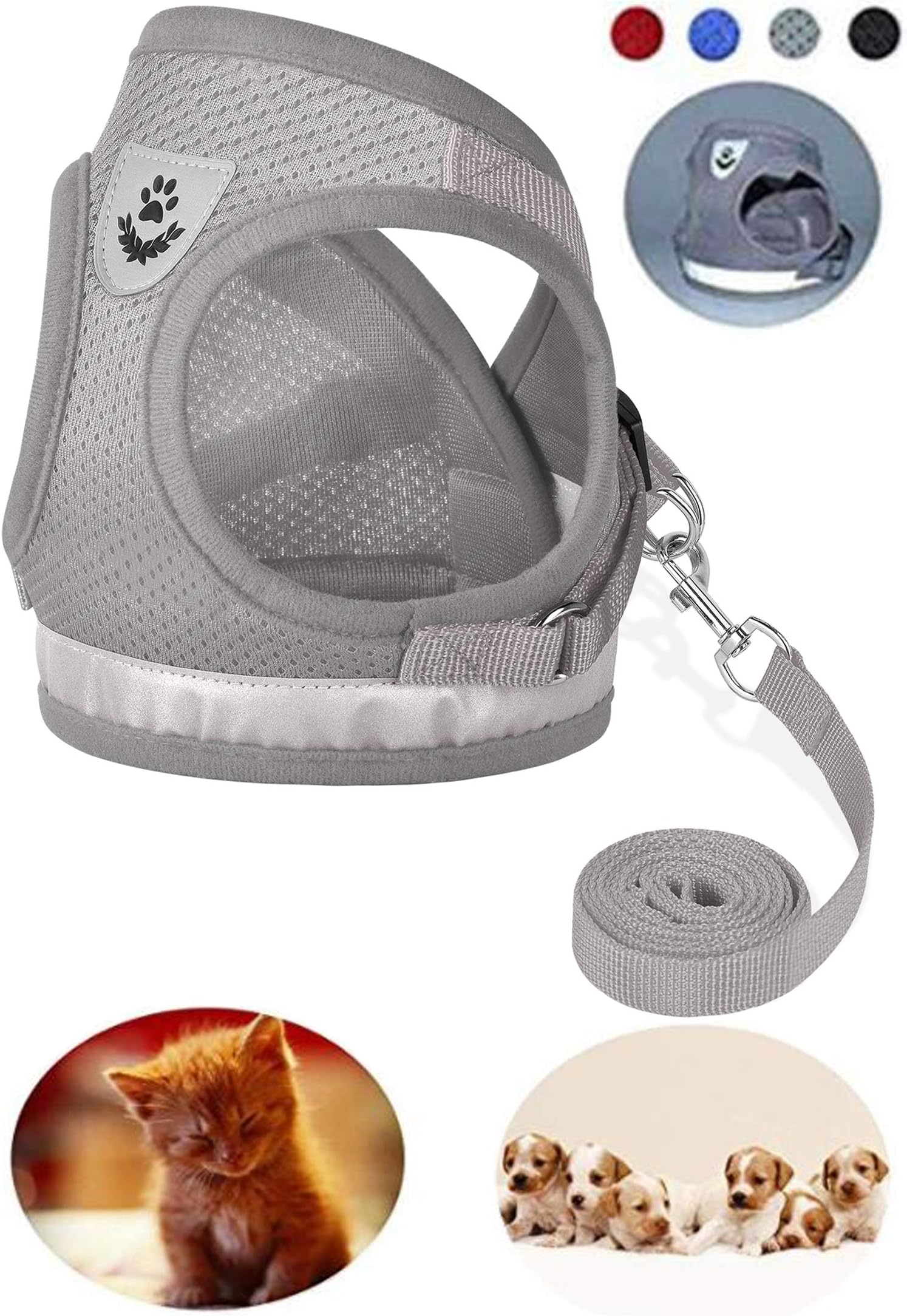 Pet Harness with Leash Set, Adjustable Soft Mesh Reflective Pet Harnesses, Extended Version of The Reflective Strip Harness,Suitable for Kittens, Puppies, Small Pets (X-Small, Grey)