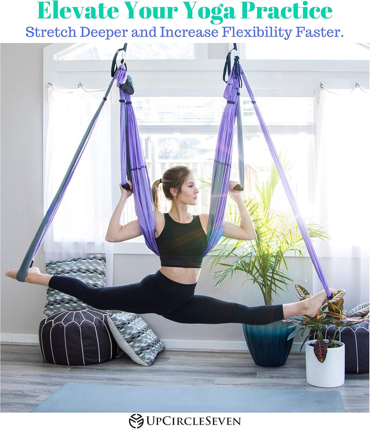 UpCircleSeven Aerial Yoga Swing Set - Yoga Hammock/Sling Kit + Extension Straps & Guide - Inversion Swing for Beginners & Kids - Ceiling Hanging Yoga Sling (Purple/Grey) : Sports & Outdoors