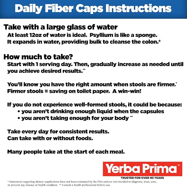 YERBA PRIMA DAILY FIBER CAPS – 180 CAPSULES, (PACK OF 4) – SOLUBLE & INSOLUBLE DIETARY FIBER SUPPLEMENT – COLON CLEANSE – GUT HEALTH – VEGAN, NON-GMO, GLUTEN-FREE