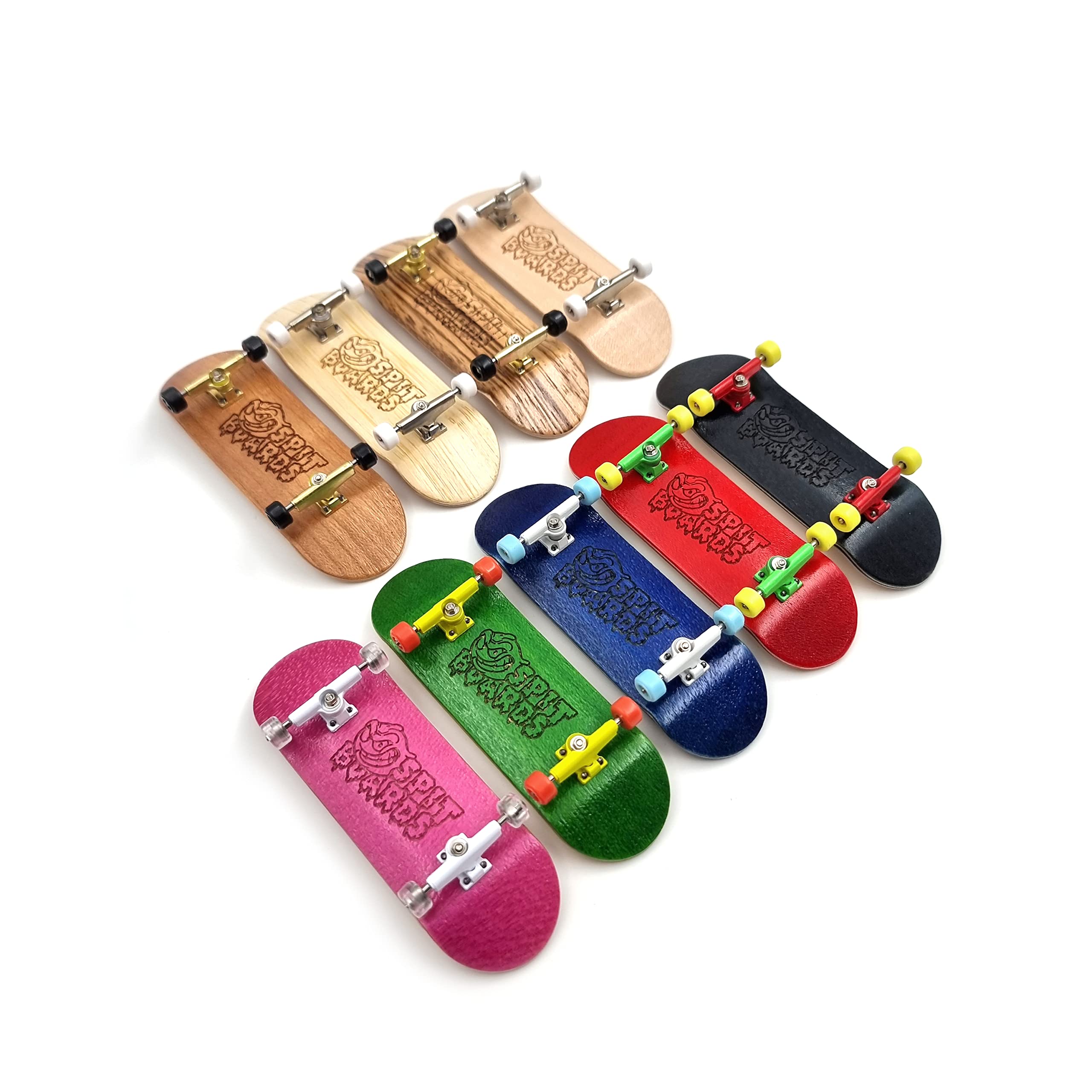 SPITBOARDS® 32 mm Fingerboard Complete Real Wood Set-Up (Pre-Assembled, 5-Layers), Trucks with Lock Nuts, Bearing Wheels, Foam Grip Tape, (Deck: Pink, Trucks: White, Wheels: Transparent)