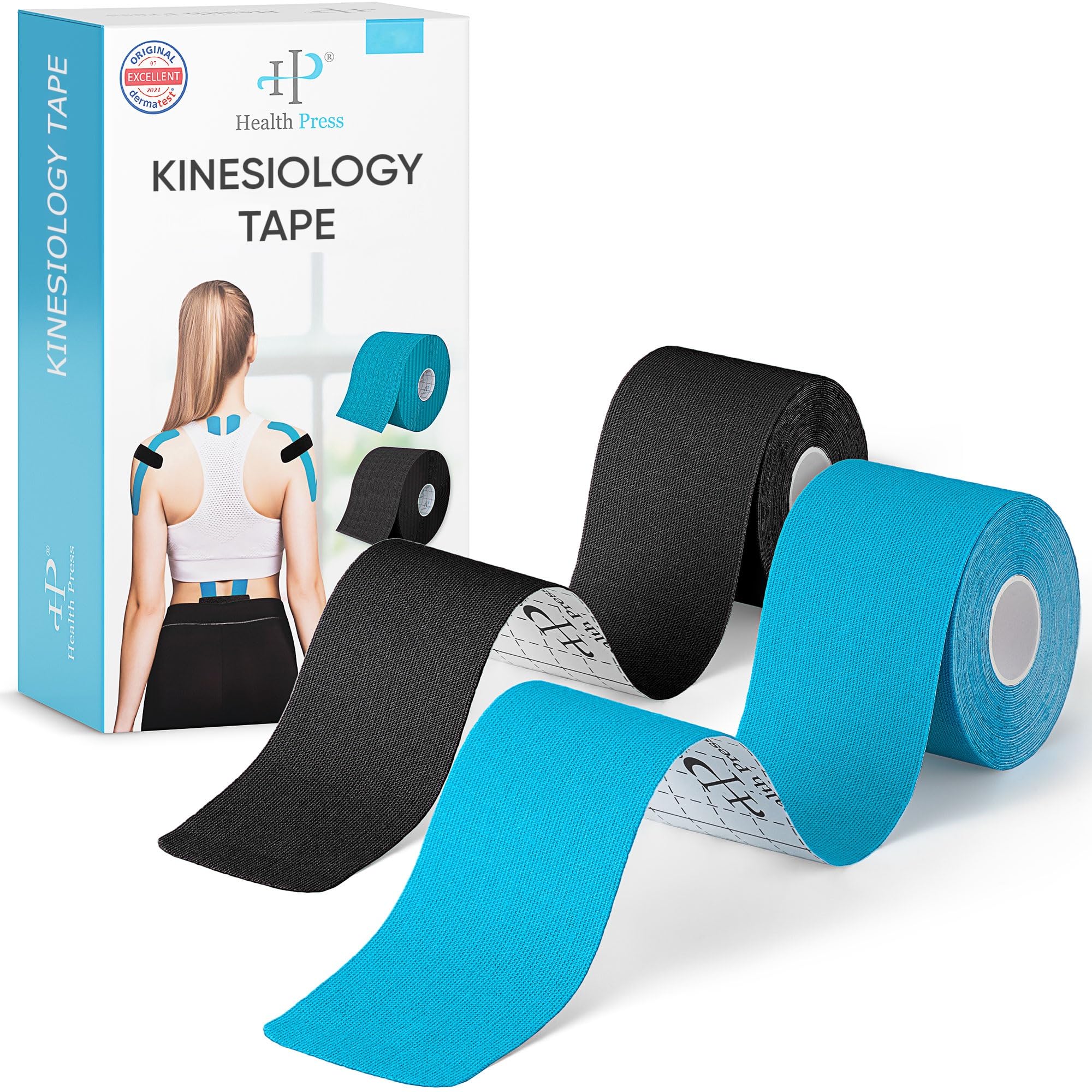 Health Press® Kinesiology Tapes – 2 Rolls (Blue + Black) 5cm x 5m | Physio and Sports Tape | Waterproof and Elastic | Skin-Friendly Tape – Dermatologically Tested