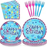 96Pcs Hawaiian Birthday Decorations Tropical Luau Blue Cartoon Plates and Napkins Tableware Sets Hawaii Hibiscus Party Decorations Favors for Summer Aloha Beach Pool Holiday Party Supplies Serves 24