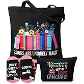 Huhumy 3 Pcs Book Lover Gifts for Women Library Tote Bag Novelty Book Socks Cosmetic Bag Christmas Bookish Gifts for Reading Lovers Librarian Colleagues Teachers Friends Bookworms Authors