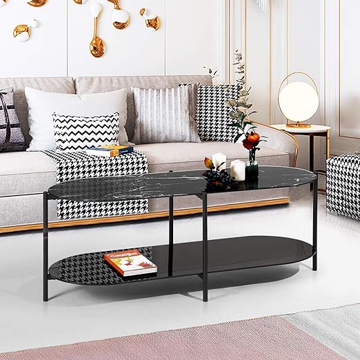 FurnitureR Mesa de centro de vidrio oval de mediados de siglo, tapa de