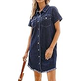 luvamia Denim Dresses for Women Distressed Summer Short Sleeve Button Down Collared Raw Hem Jean Shirt Dress with Pocket