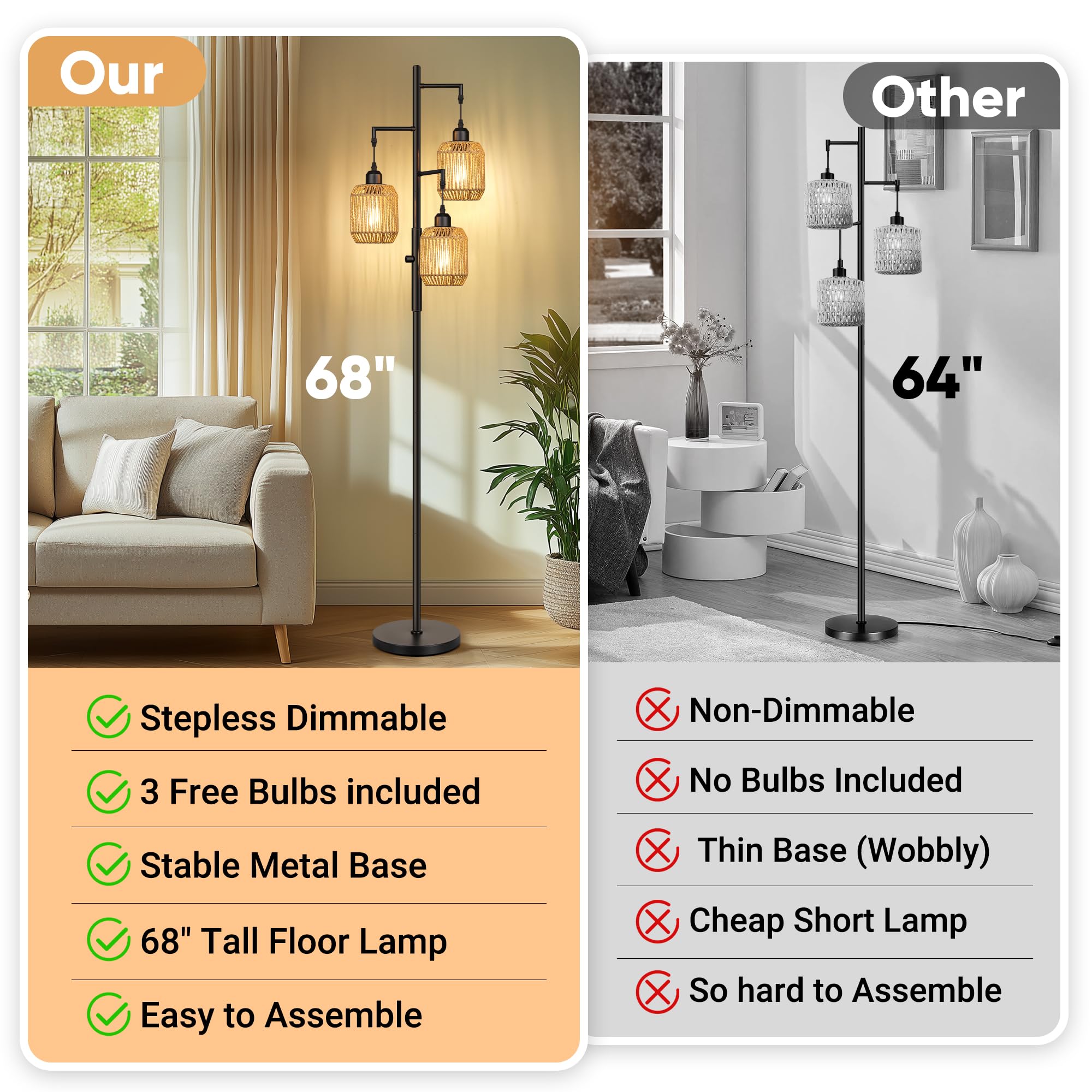 ROTTOGOON Dimmable Boho Floor Lamp - 3 Light Farmhouse Rattan Floor Lamp for Living Room, Industrial Tree Floor Lamps with 3 X 6W LED Bulbs, Rustic Standing Tall Lamp for Bedroom, Office, 68