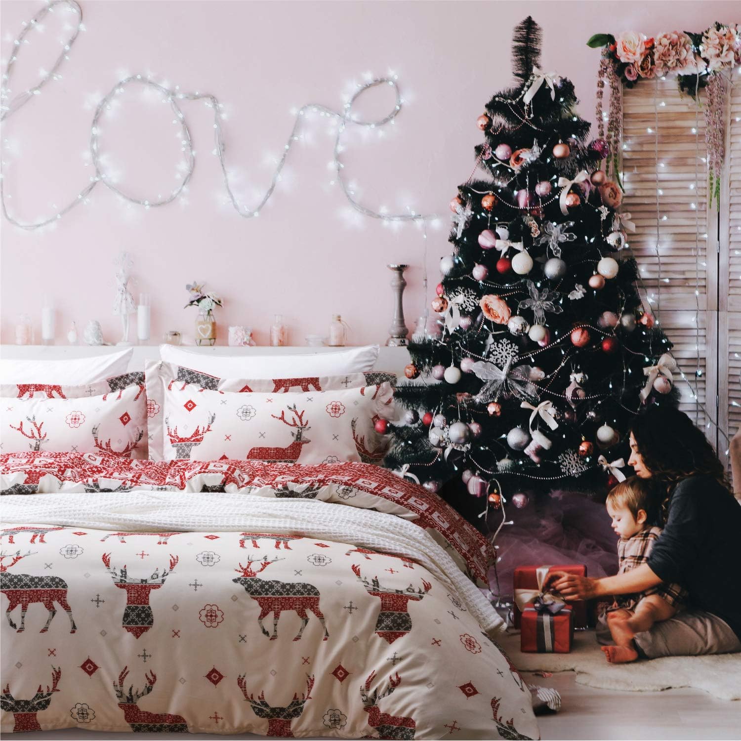 Bedsure Christmas Duvet Cover Set, Full/Queen (90×90 inches) - Reversible Reindeer Pattern - Soft Microfiber Comforter Cover, 3 Pieces Bedding with 1 Duvet Cover (No Comforter Insert), 2 Pillow Shams: Kitchen & Dining