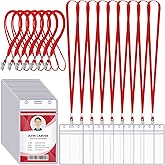 Marspark 50 Pcs Name Tag Lanyards with ID Holder Lanyards for ID Badges Resealable Flat Neck Name Tag with Clip Waterproof Plastic Clear Badges Bulk for School Office Supplies (Red)
