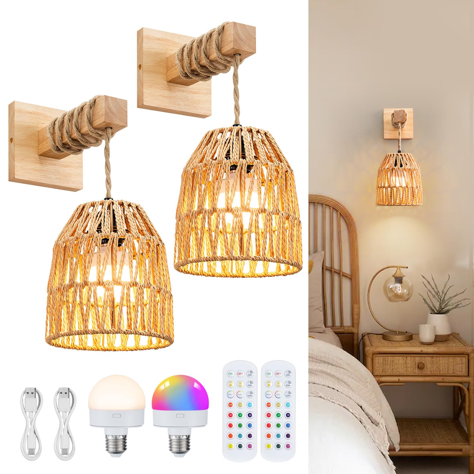 Photo 1 of Glitnous Wall Sconces Set of Two Battery Operated, Rattan Boho Wall Sconce, Rechargeable Woven Lantern Wireless Light/Lamp for Bedroom Home Decor