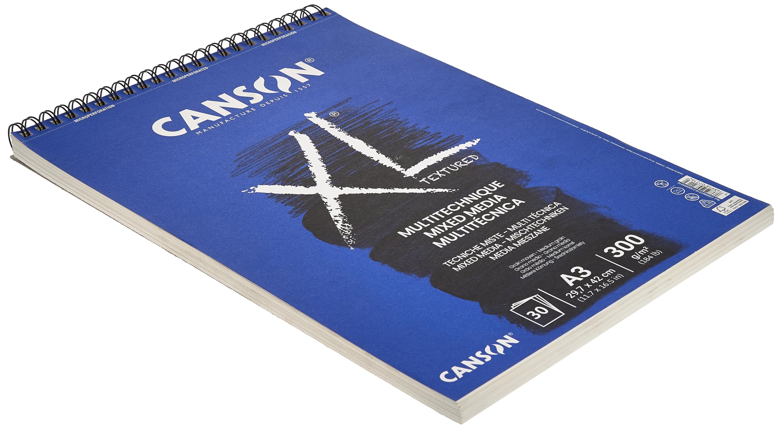 CANSON XL Textured Mixed Media 300gsm A3 Paper, Medium Grain, Spiral Pad Short Side, 30 White Sheets, For Professional Artists & Illustrators