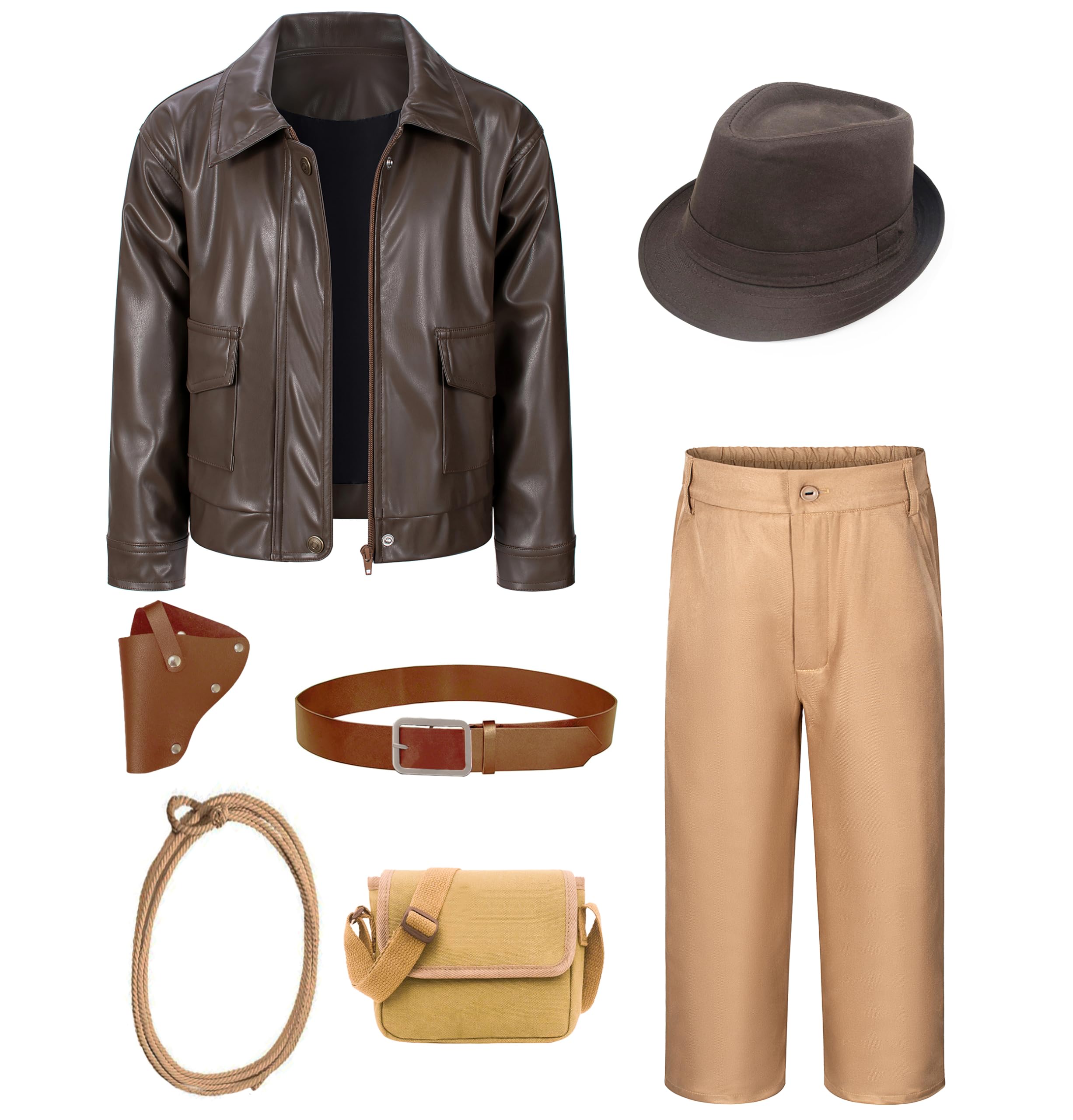 Photo 1 of HADOLLWELL Kids Adventurer Costume for Boys Archaeologist Explorer Leather Jackets Pants Kit Halloween Cosplay 10-11 Years Brown