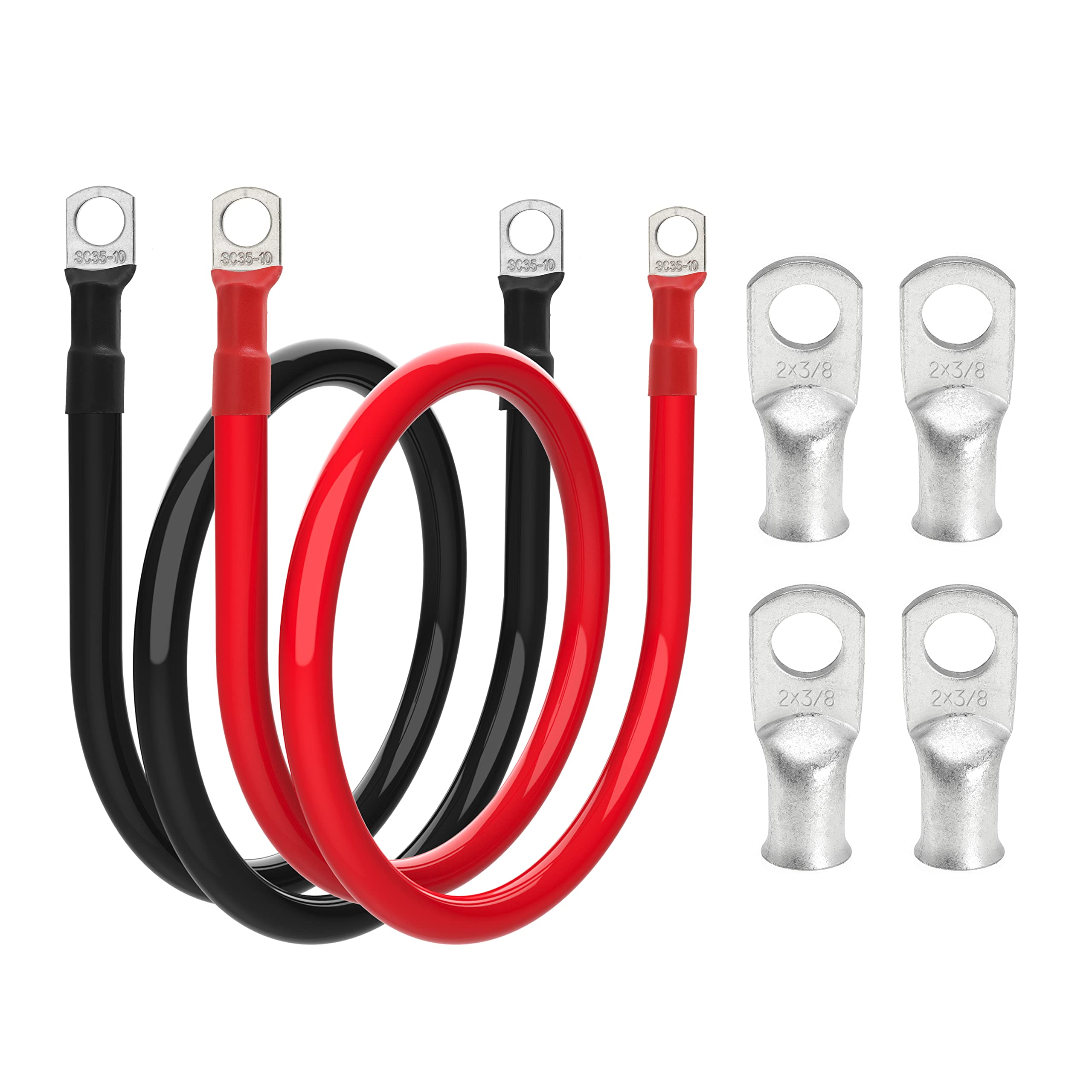 Photo 1 of 2 AWG Battery Cable 2 Gauge Battery Inverter Cables with 3/8 in Lugs Pure Copper Power Inverter Wire Set for Solar Marine Boat RV Car Motorcycle (3FT, with 2 AWG 3/8" Lugs)