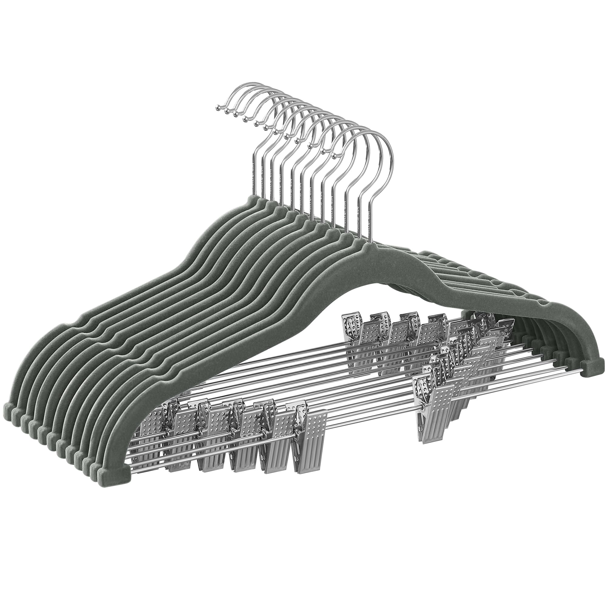 SONGMICS Trouser Hangers, Set of 12 Velvet Hangers with Adjustable Clips, 42.5 cm Long, Non-Slip, Space-Saving, for Skirts, Coats, Dresses, Grey CRF12V