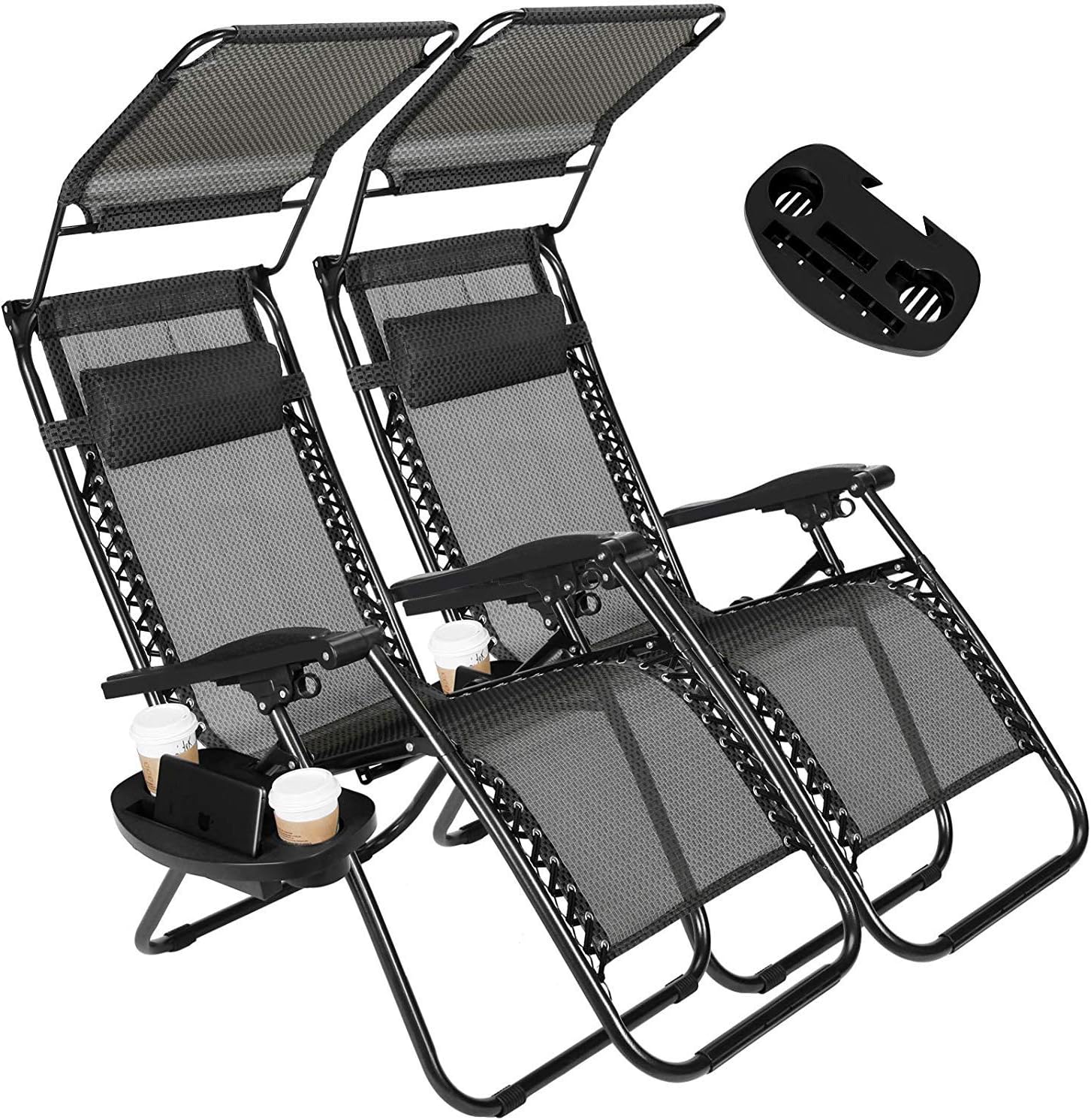 Unihome Zero-Gravity-Chairs Reclining Patio Chair Outdoor Set of 2 w/Canopy & Cup Holder for Outdoor (Black)