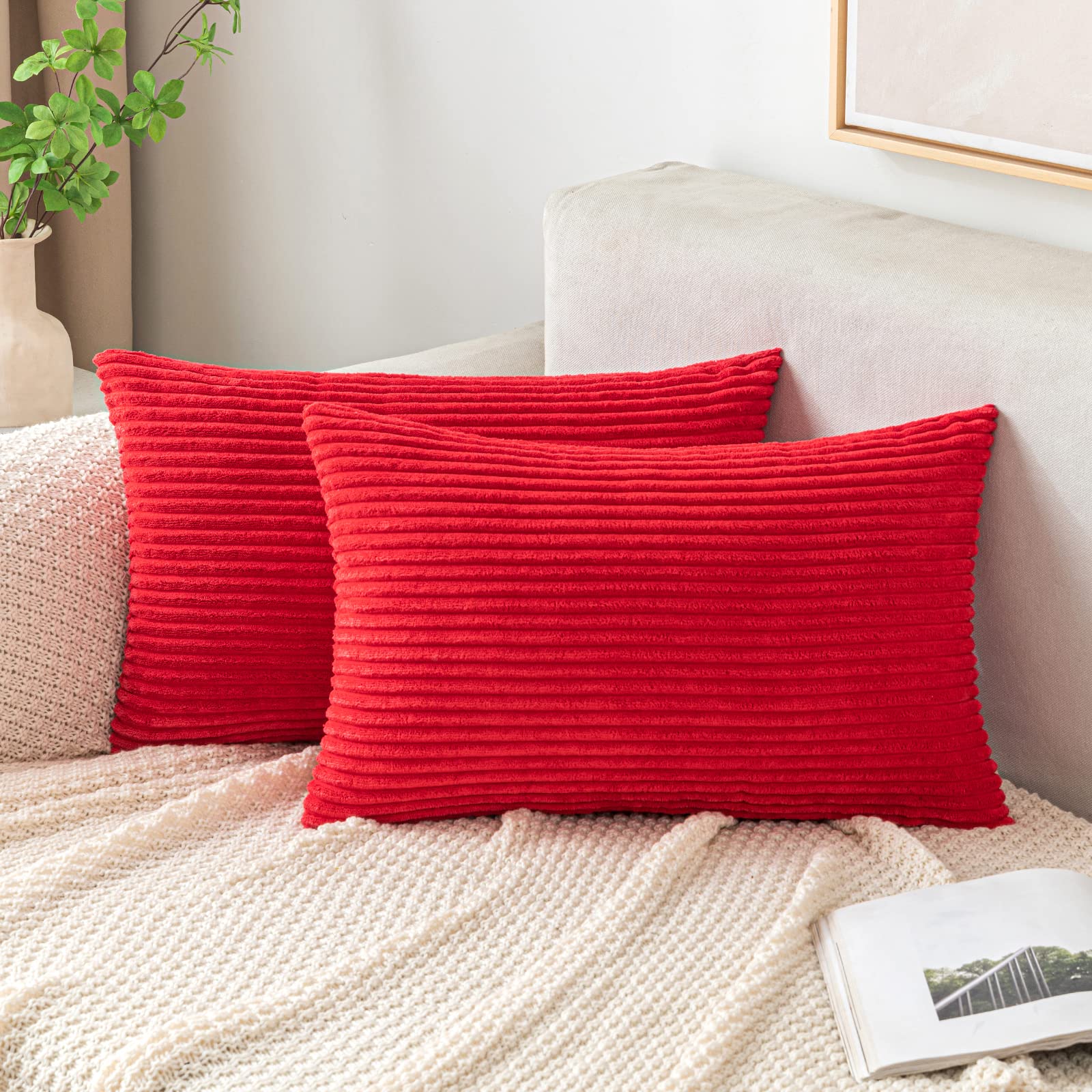 EMEMA Cushion Covers Corduroy Oblong Throw Pillow Covers Striped Soft Sham Home for Sofa Couch Bedroom Decorative Pillowcases 12x20 Inch 30x50cm Set of 2 Red