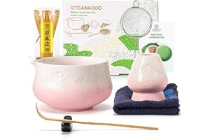 TEANAGOO 7 Pcs Matcha Whisk Set, Pink Matcha Set, Ceremony Matcha Powder Kit,Matcha Tea Set for Making Latte,Matcha Whisk Set and Bowl with Scoop&Sifter,Fuji Design Ceramic Bowl,Gift for Matcha Lovers