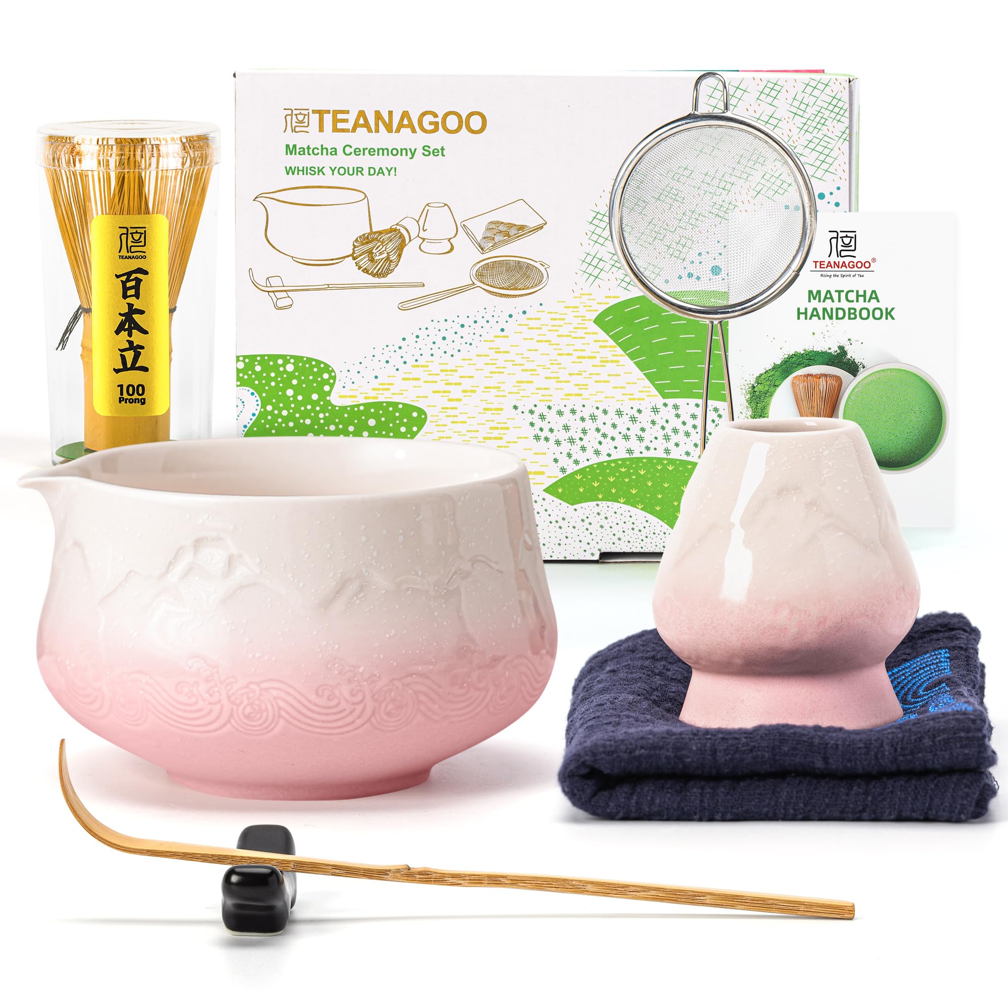 TEANAGOO 7 Stück Matcha Set, Matcha Besen, Matcha Schale mit Ausgießer, Matcha Set Rosa, Matcha Tee Set für die Zubereitung von Milchkaffee, Matcha Schneebesen Set und Schüssel mit löffel & Sieb
