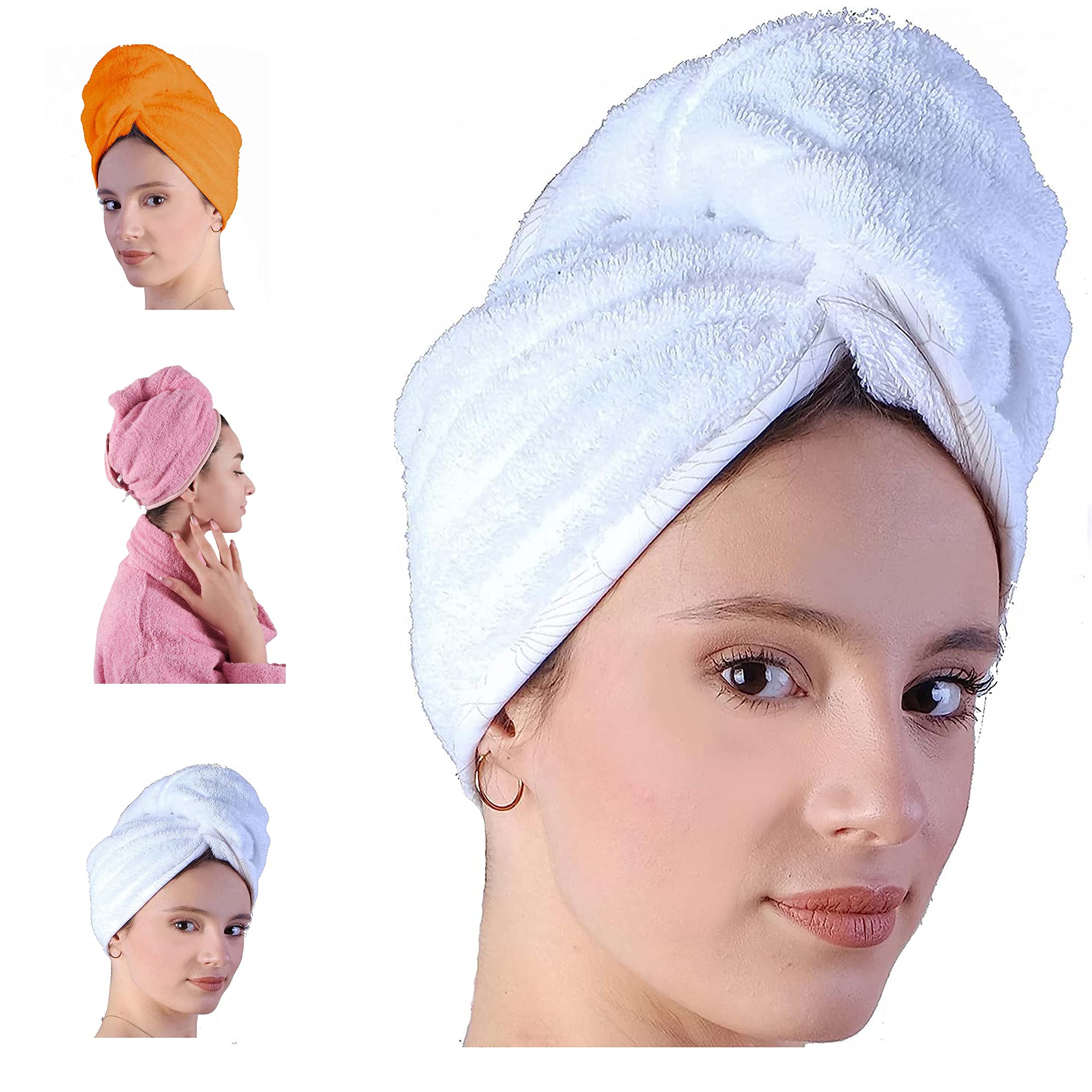 LLAMAXY 100% Pure Organic Cotton Hair Drying Towels - Adult Child Wraps Turban Quick Twist Rapid Dry Cap - 3 Pack White, Pink, Orange