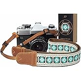 Padwa Lifestyle Camera Strap - 1.5" Crazy Horse Cowhide Head Cotton Strap,Vintage Embroidery Camera Straps for Photographers,Cameras,Binoculars,Cute Adjustable Shoulder Neck Strap for Adults & Kids