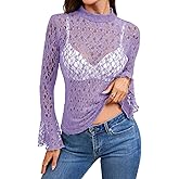 Tankaneo Womens Lace Mesh Tops Bell Long Sleeve Mock Neck Sheer Blouses Sexy See Through Slim Fit Shirts