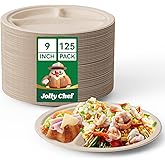 JOLLY CHEF Compostable 𝟯 Compartment Paper Plates 𝟵 𝗜𝗻𝗰𝗵 [𝟭𝟮𝟱 𝗣𝗮𝗰𝗸] Heavy Duty Divided Disposable Eco-Friendly Bagasse Biodegradable Round Trays for Dinner Lunch Party Christmas (Brown)