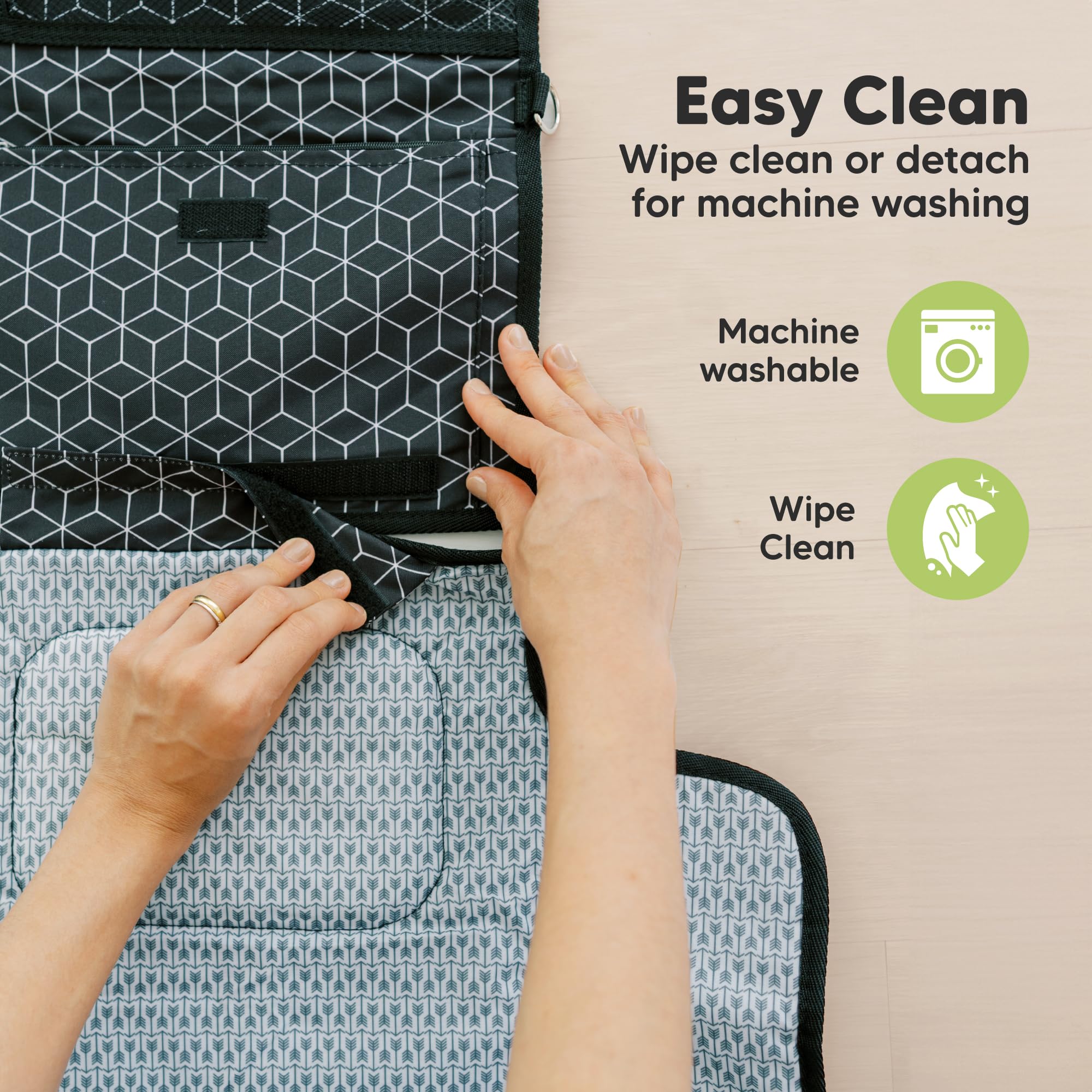 KeaBabies Portable Diaper Changing Pad - Large Waterproof Baby Changing Mat, Compact Travel Diaper Clutch, Functional Pockets Fit Newborn Essentials, Wipeable & Padded Baby Changer (Black Geo)