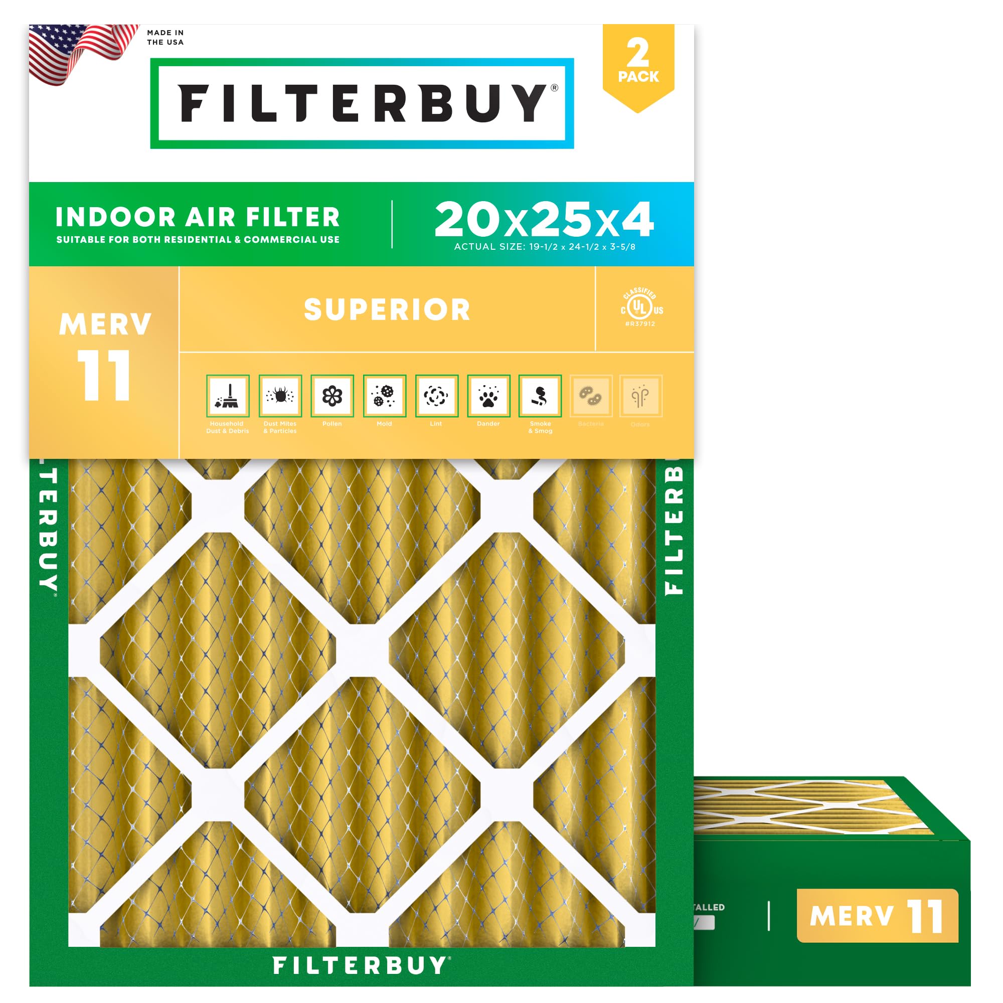 Filterbuy 20x25x4 Air Filter MERV 11 Pet & Allergy Defense (2-Pack)