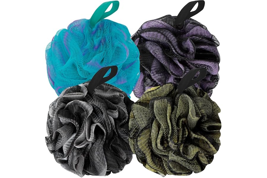 BCKENEY Bath Loofah Shower Sponge Body Back Scrubber Soft Mesh Shower Puffs Exfoliating Loofa for Women & Men Bath Accessories Cleaning Tool (Pack of 4 60G Loofah, Dark Elf)