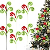Gejoy 6 Pcs Christmas Tree Toppers Decorations, Woolen Red Green Curly Tree Picks Christmas Candy Cane Picks Curly Sticks for Xmas Ornament Topper Vase Filler Craft Wreath Holiday Party Decor