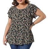 Agnes Orinda Plus Size Summer Tops for Women Floral Crew Neck Pleated Front Tulip Sleeve Dressy Blouse