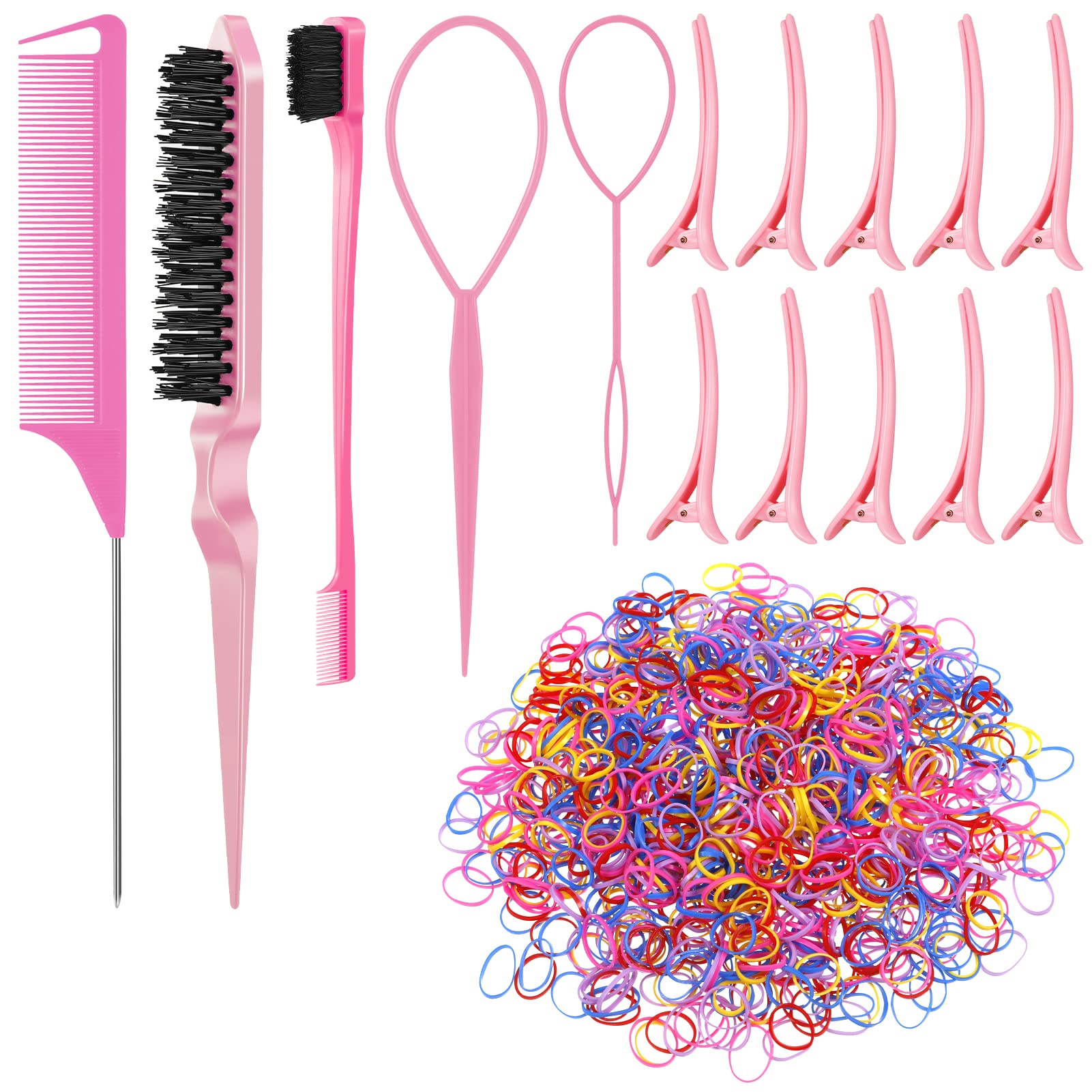 SOSPIRO 1000pcs Elastic Hair Bands with 10pcs Clips, 3pcs Brush, 2pcs Topsy Tail Tool, Colorful Rubber Ties & Braiding Accessories for Kids & Women's Hair Styling