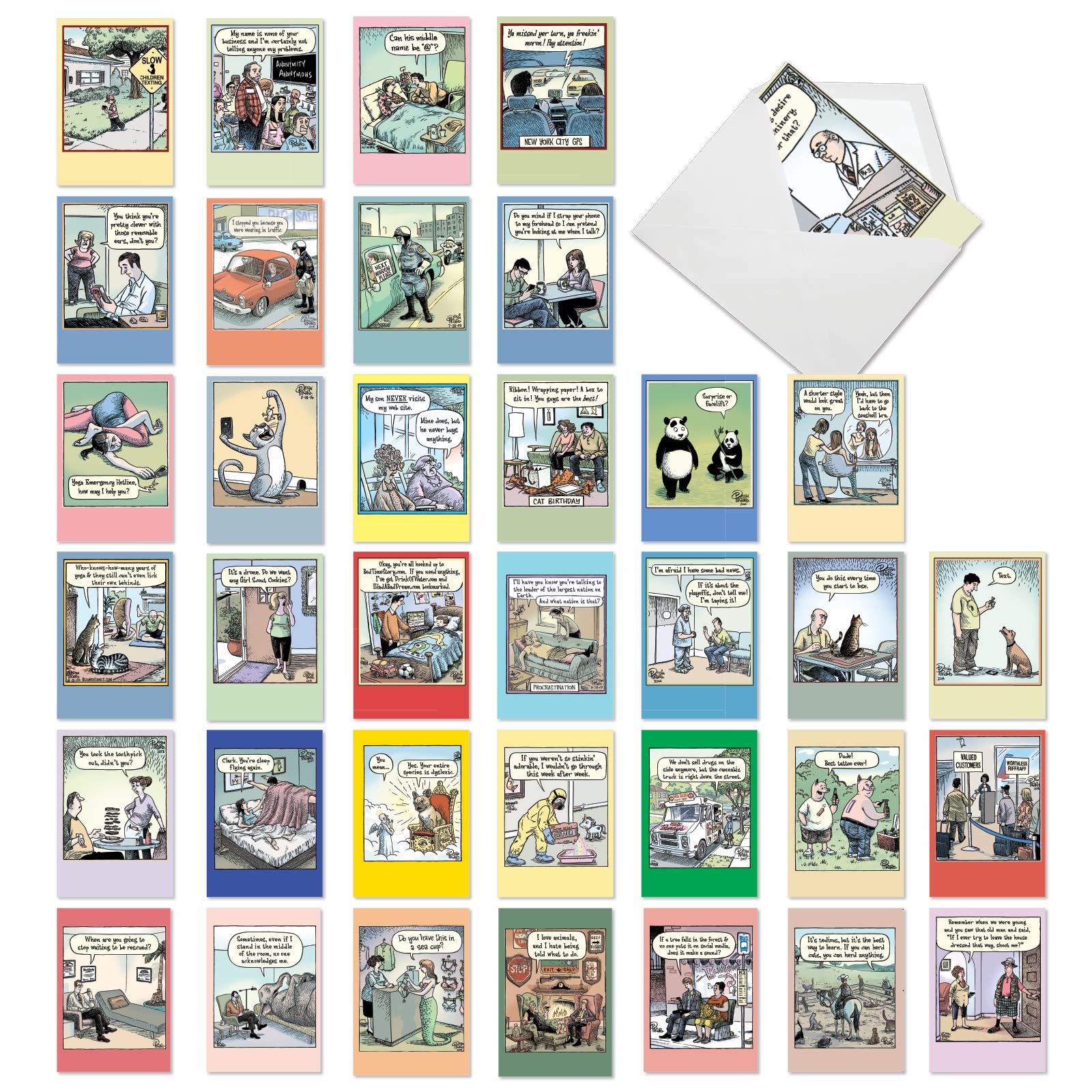 NobleWorks - 36 Assorted Funny Birthday Greeting Cards Bulk Box Set w/Envelopes (36 Designs, 1 Each) Fun B-day Cartoon Humor Bulk Variety Pack for Men and Women - A Bizarro Bash AC9376BDG-B1x36
