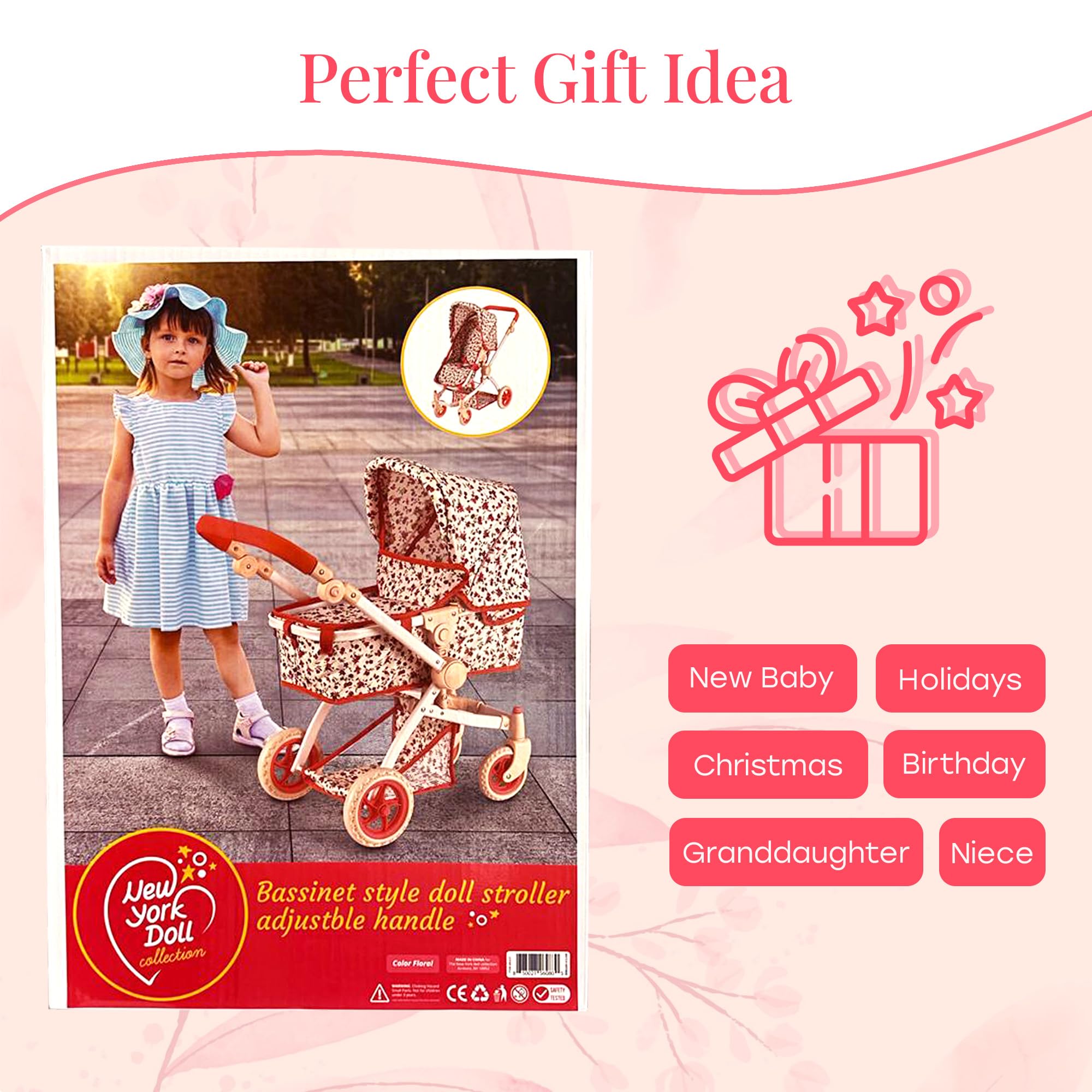 Convertible Combo Baby Doll Stroller for 3 Year Old Girls & Up | Play Toy Baby Stroller for Dolls, Folding Adjustable Bassinet Carriage Buggy with Storage Basket Converts to Sit Up Pushcart Pram, Red