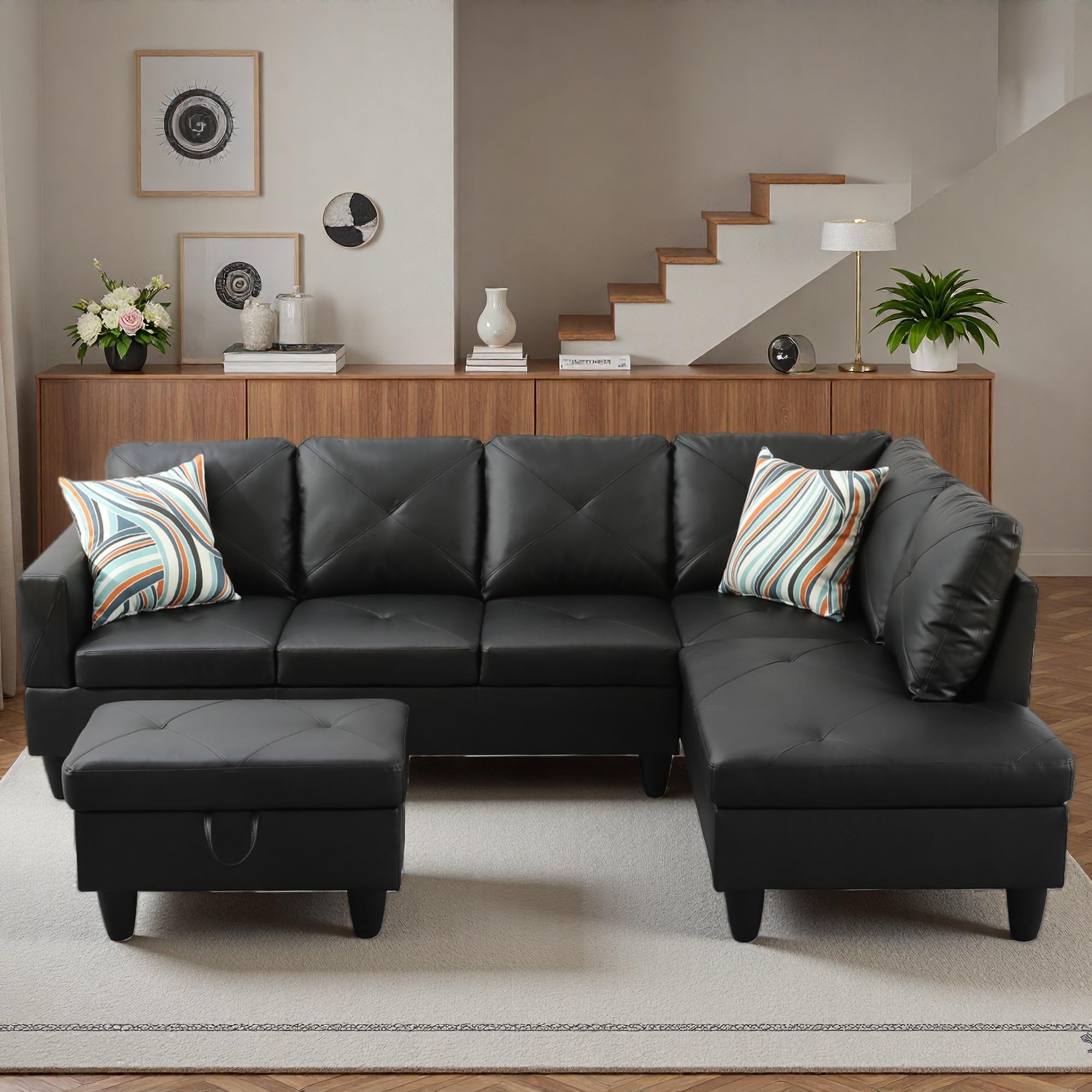 Photo 1 of **RIGHT ARM CHAISE ONLY. SELLING AS PARTIAL SET. 1/3 BOXES**Topcomfy 97.5" L Shaped Couch Set, Modular Sectional Couches for Living Room with Storage Ottoman, 4 Seat Home Sofa Living Room Furniture Sets with Chaise for Apartment Office (Faux Leather, Blac