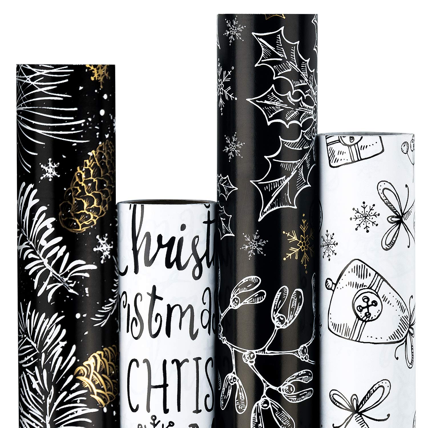 RUSPEPA Christmas Wrapping Paper Roll - Classic Black and White Style Designs - 4 Rolls - 76cm x 305cm per Roll