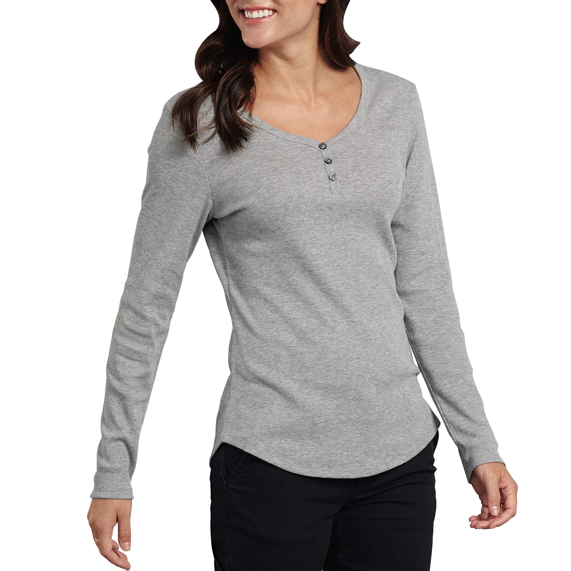 Dickies Women’s Long-Sleeve 3-Button Henley Shirt -Graphite Single Dye, Large