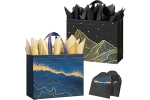 STYPOP 13" Large Gift Bags with Tissue Paper, 2 Pack Reusable Non-woven Happy Birthday Gift Bag with Handles, Perfect Gifts for Men & Women (Black, Blue).