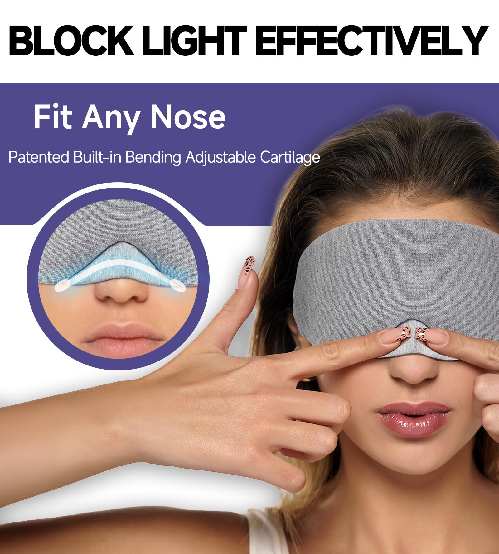 Mavogel Cotton Sleep Eye Mask - Updated Design Light Blocking with Adjustable Nose Bridge, Soft and Comfortable Night Eye Mask for Men Women, Eye Blinder for Shift Work, Includes Travel Pouch, Grey