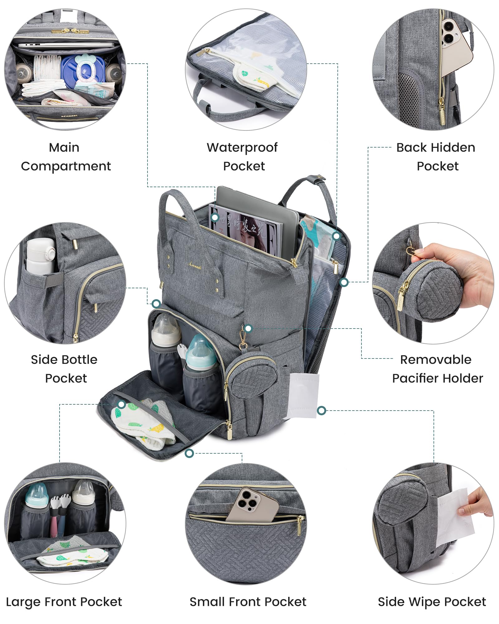 LOVEVOOK Diaper Bag Backpack, Multi functions Baby Bags with Diaper Compartments, Large Nappy Bag with Changing Pad & Pacifier Case, Unisex Travel Diaper Back Pack, Waterproof & Stylish, Grey