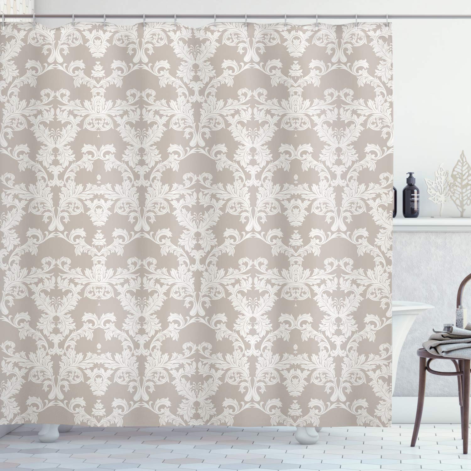 ABAKUHAUS Taupe Shower Curtain, Nature Garden Themed Pattern with Damask Imperial Tile Rococo Inspired, Cloth Fabric Bathroom Decor Set with Hooks, 175 x 220 cm, Taupe And White
