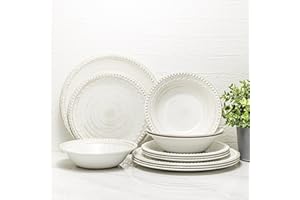 Zak Designs Melamine Dinnerware Set, 12-Piece, Service for 4, French Country House (Oyster White)