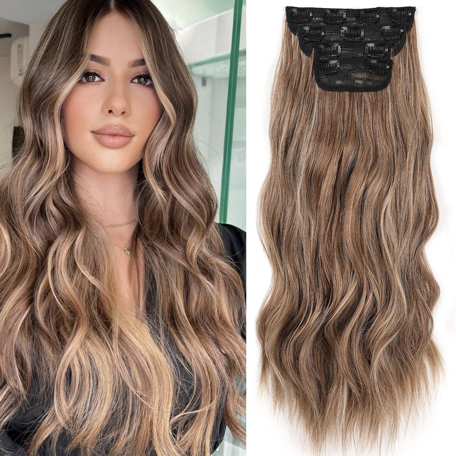 Mscat 24 Inch Clip Hair Extensions Dark Brown with Blonde - 4PCS Full Head Set Thick Curly Wavy Synthetic Hair Extensions — image 1
