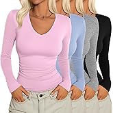 Velvelhall 4 Pack Women's Long Sleeve Shirts Tight V Neck Slim Fitted Tops Stretchy Casual Basic T Shirts Layering Tees 2026