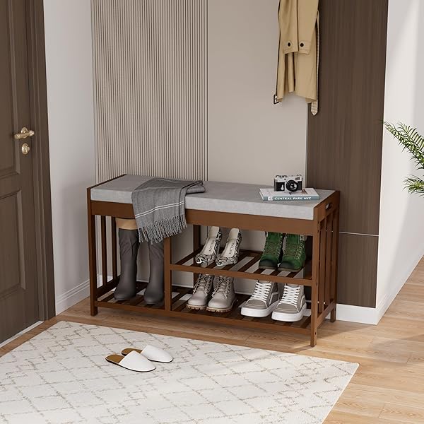 APRTAT 3-TIER BAMBOO SHOE RACK BENCH, SHOE STORAGE ORGANIZER BENCH, ENTRYWAY BENCHS, SHOES RACK FOR FRONT DOOR ENTRANCE, ENTRYWAY BATHROOM BEDROOM